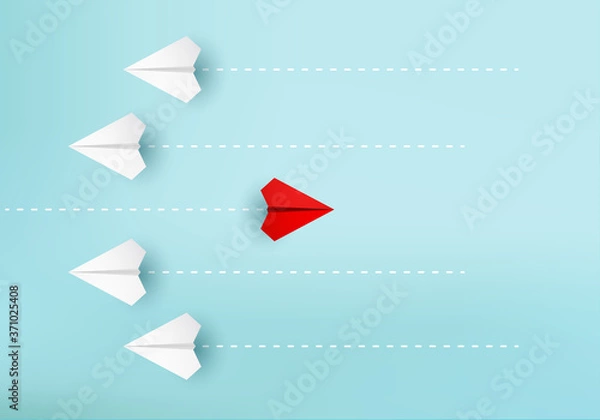 Obraz Business concept minimal as group of paper plane in one direction and with one individual pointing in different ways for creative innovative solution on 3D render vector. leadership for new ideas.