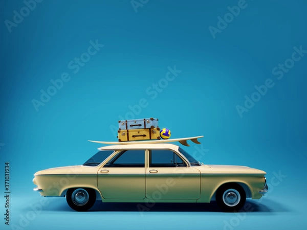 Obraz przedni widok starego samochodu z timerem z deską surfingową i walizkami na górze przed pustą niebieską ścianą tła makiety, ilustracja 3D