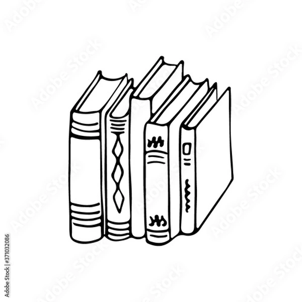 Fototapeta Books doodle color linear icon. Books group standing vertical hand drawn illustration. Pile of different literature collection on library shelf. Vector cartoon elements isolated on white background