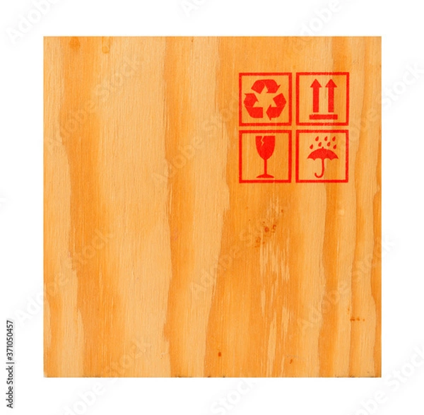 Fototapeta Wooden box with signs and symbols for transportation isolated on white background