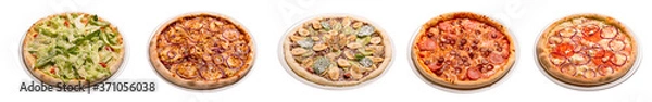 Obraz Set of 5 pizza isolated on white background. Image of fast food for menu card, web design, site, shop, advertising or delivery. panoramic format