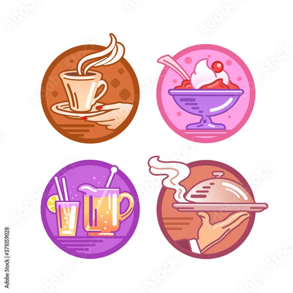Fototapeta Icons on the theme of the bar, restaurant. Ice cream, cocktail, dish serving, coffee. Vector illustration