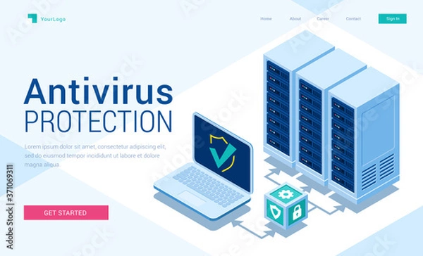 Fototapeta Antivirus protection isometric landing page. Cyber data security, server room connected with laptop through protected hub, computing internet digital technology, 3d vector illustration, web banner