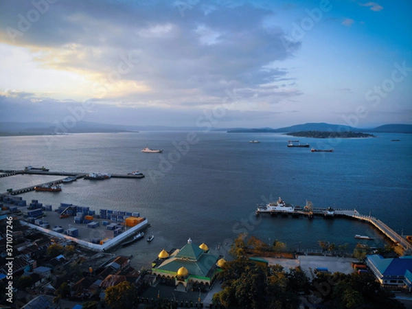Obraz An aerial view of the harbor crossing between islands in Indonesia.