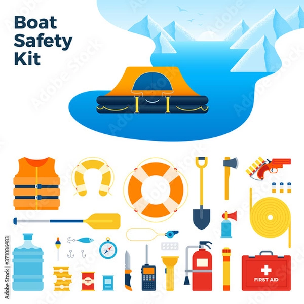 Fototapeta Image from inflatable floating tent and boat safety kit vector illustration in a flat design.