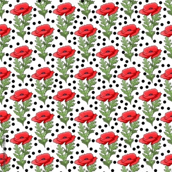 Obraz Vintage poppy seamless pattern, great design for any purpose. Doodle style texture. Geometric floral background. Fabric wallpaper with print texture.