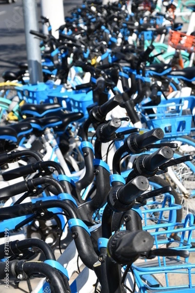 Obraz Tianjin, China - Circa 2019: A lot of Chinese bike sharing service bikes are parked along the street