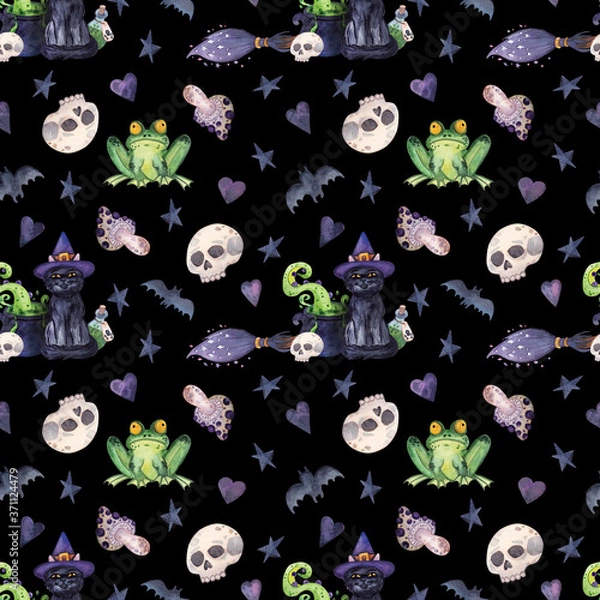 Obraz Dark hand-drawn Halloween seamless pattern. Mystical watercolor background with black cat, broomstick, skulls, toad and toadstools for wrapping paper, fabrics, packaging and postcard designs, parties