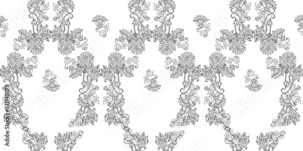 Obraz Stylish white  floral kalamkari ornament pattern on black background. Vector surface design for fabric, apparel textile, book, interior, wallpaper