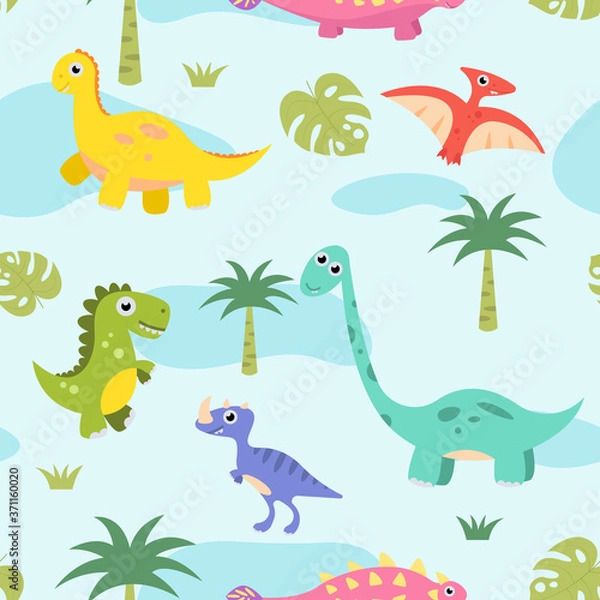 Fototapeta Vector kids cartoon dinosaurs seamless pattern. Illustration for textile and texture design