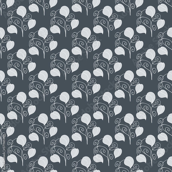 Fototapeta seamless pattern, dark blue background, linear drawings with leaves