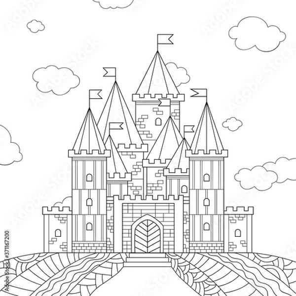Fototapeta Line drawn fantasy castle with simple stone pattern. Towers with flags and small windows, sky, field, clouds. Illustration on white isolated background. For coloring book pages.