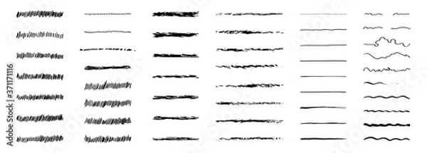 Fototapeta Brush strokes, black ink lines. Vector abstract set with hand drawn paint brushes. Grunge texture on white background. Doodle style. Collection modern abstract elements for background for business