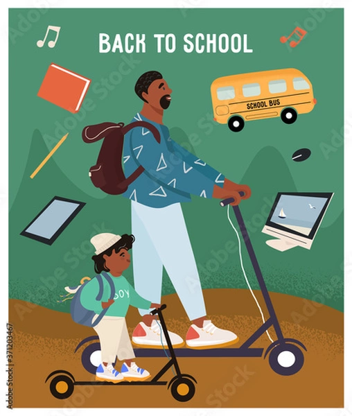 Obraz Funny african american father and son on electric scooters. Yellow bus, back to school concept. Autumn flat poster in cartoon style with school office. School reopening after the pandemic.  