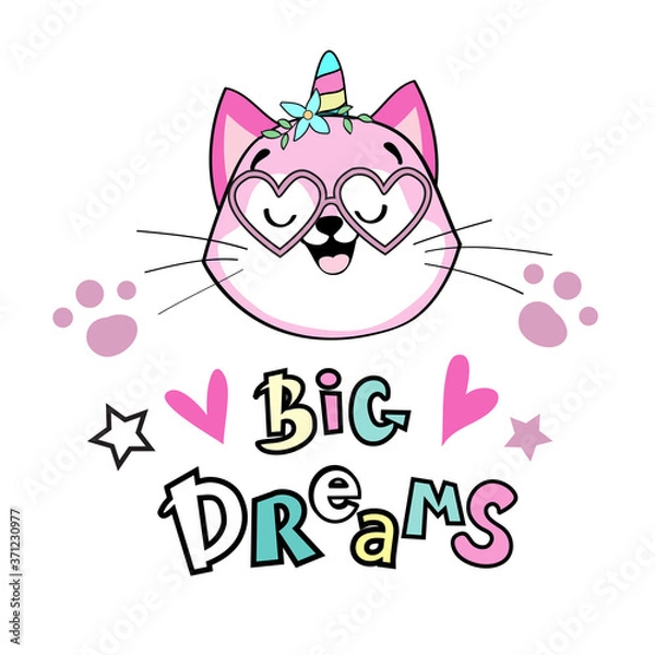 Obraz Beautiful illustration of a unicorn cat head and the inscription big dreams on a white background