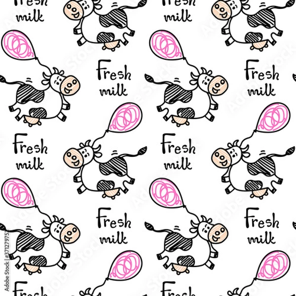 Fototapeta Seamless vector cute Friesian cow pattern in line doodle style with air balloons and Fresh milk lettering. For beef or milk packages or farm concepts, fabric textile prints or backgrounds.