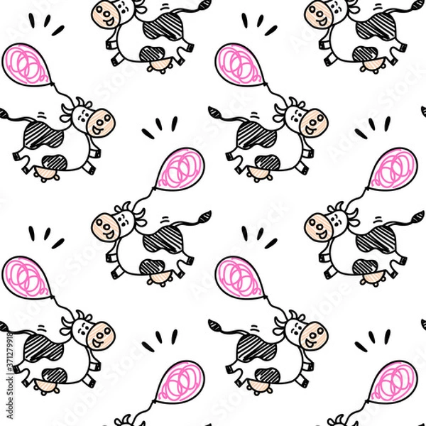 Fototapeta Seamless vector cute Friesian cow pattern in sketch doodle style with funny air balloons. Black and pink colors. For beef or milk packages or farm concepts, fabric textile prints or backgrounds.