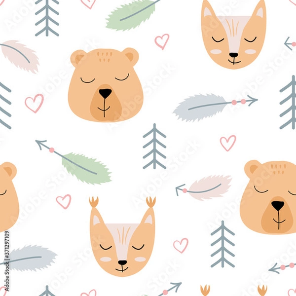 Fototapeta Vector seamless pattern with bears and foxes. Cute scandinavian illustration with feathers and trees.