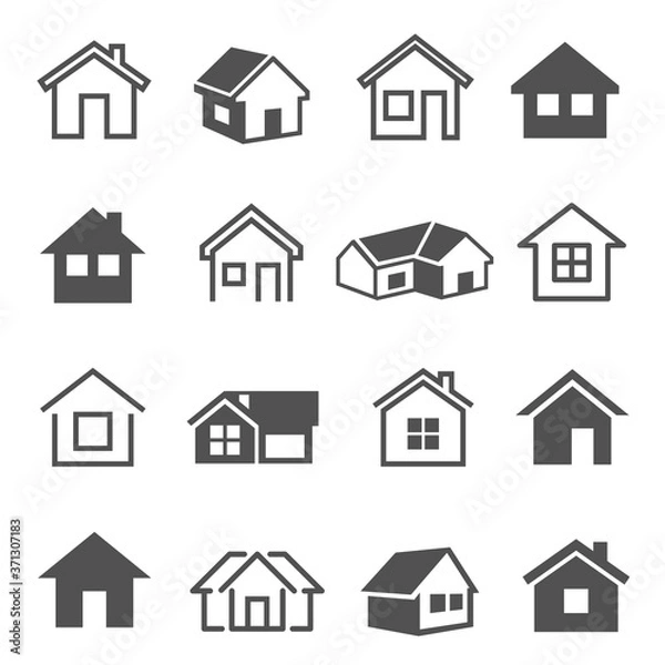 Fototapeta Houses, home, cottage line and bold icons set isolated on white. Building, cabin, barn pictograms.