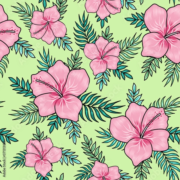 Fototapeta Pink hibiscus flowers with palm tree leaves seamless pattern on pink background. Great for spring and summer wallpaper, backgrounds, invitations, packaging design projects textile.