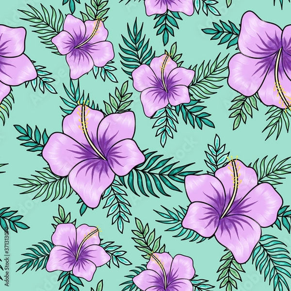 Fototapeta Violet hibiscus flowers with palm tree leaves seamless pattern on turquoise background. Great for spring and summer wallpaper, backgrounds, invitations, packaging design projects textile