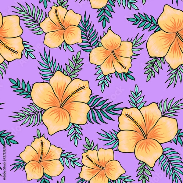 Fototapeta Yellow hibiscus flowers with palm tree leaves seamless pattern on violet background. Great for spring and summer wallpaper, backgrounds, invitations, packaging design projects textile