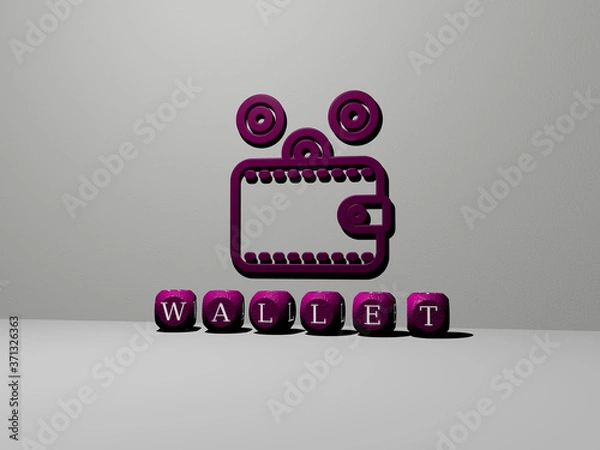 Fototapeta wallet 3D icon on the wall and text of cubic alphabets on the floor - 3D illustration for money and business