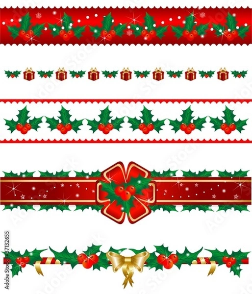 Obraz Set of 5 Christmas borders with holly