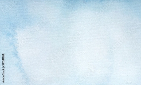 Obraz Light blue water color background with soft artistic washes, stains and brush strokes. Hand drawn watercolour graphic paint. Beautiful backdrop for design, card, invitation, cover, scrapbook, poster.