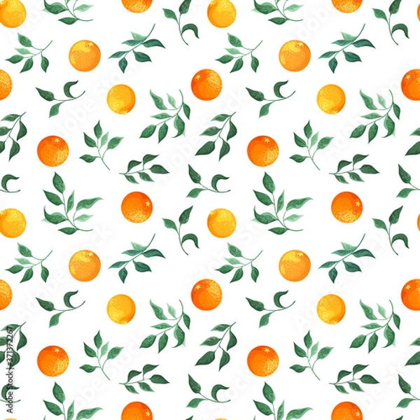 Fototapeta Orange branches and flowers on a white background. Seamless pattern