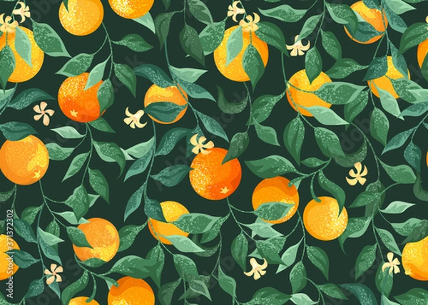 Fototapeta Orange trees, branches with flowers on a green background. Decorative seamless pattern, tropical style.