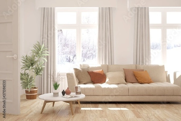 Fototapeta White stylish minimalist room with sofa and winter landscape in window. Scandinavian interior design. 3D illustration