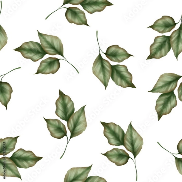 Fototapeta Seamless leaf pattern. Background with green branches on white