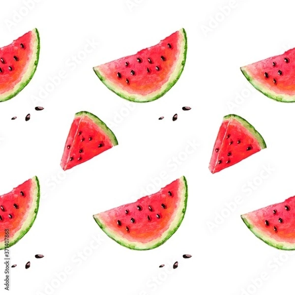 Fototapeta Slices of watermelon isolated on a white background. Painted with acrylic paints. Can be used to create wrapping paper, phone cases, wallpapers, fabrics, fashion prints.