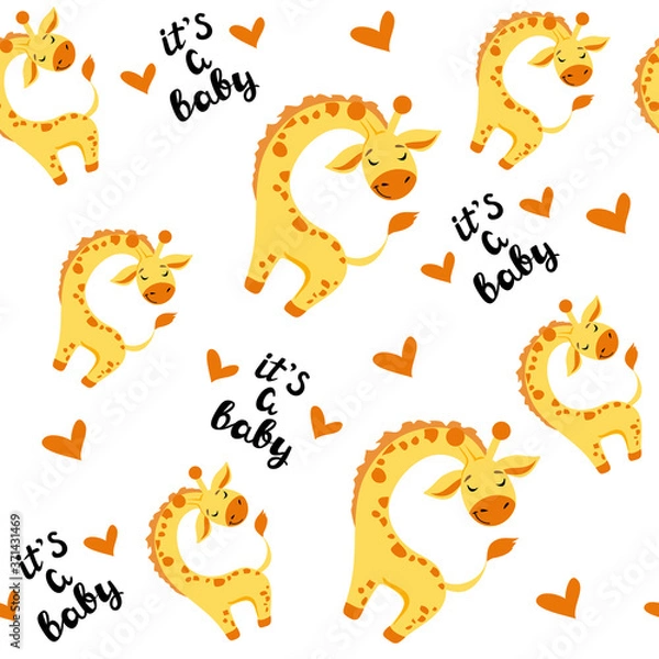 Fototapeta Cute giraffe and the inscription it's a baby on a white background seamless pattern. Vector illustration for children