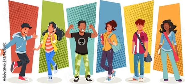 Obraz Group of cartoon young people. Teenagers.