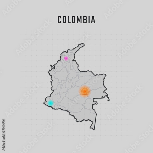 Fototapeta Map of Colombia with all states and radar spot on map. Each city has separately for your design. Vector Illustration