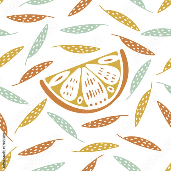 Fototapeta Seamless color stamp pattern with fruits lemon foliage on white background. Great for fabric, textile, wrapping paper. 