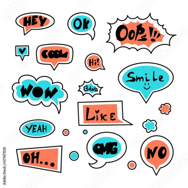 Fototapeta Set of comic speech bubbles. Vector illustration on a white background. Colored speech bubbles with words and phrases. Icons for communication and thoughts.