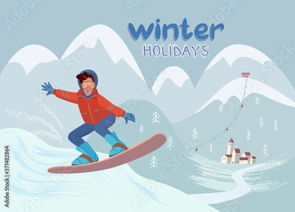 Fototapeta Cheerful man is riding and jumping on a snowboard on a mountain pick. Vector isolated winter illustration with hand drawn texture in cartoon style.