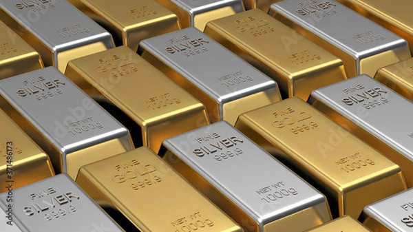 Obraz Rows of gold and silver bars stacked as a background. 3D illustration