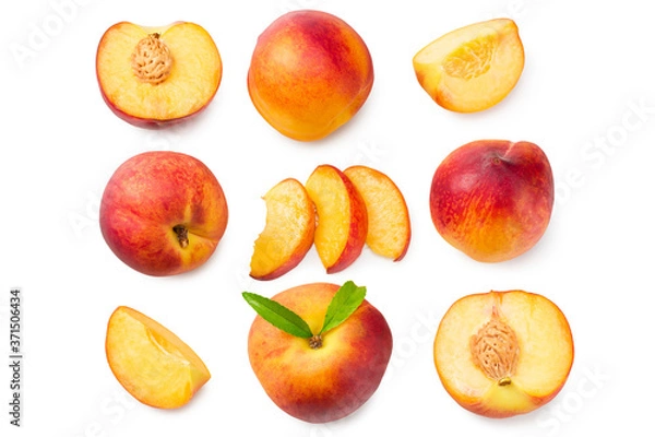 Fototapeta peach fruits with green leaf and slices isolated on white background. top view