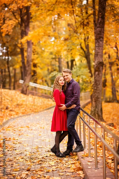 Fototapeta young couple walks in the autumn Park. Orange and yellow leaves around