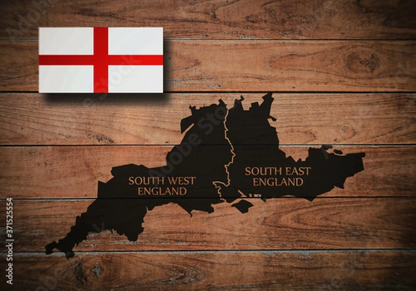 Fototapeta Map of South West and South East, regions of England, flag of England, on wooden background, 3D illustration