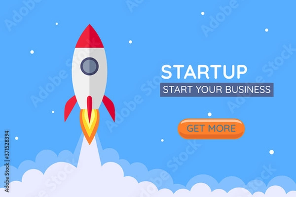 Fototapeta Rocket on the sky startup simple flat bold landing webpage template. Vector illustration