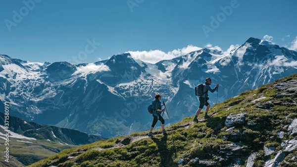 Obraz Two young hikers walking up a mountain in Austria, with scenic views on the background
