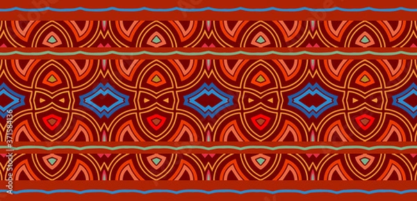 Fototapeta Ethnic geometric border pattern in African, Mexican, Native American style print with exotic face masks in trendy colors for design and decor decoration. Vector graphics.