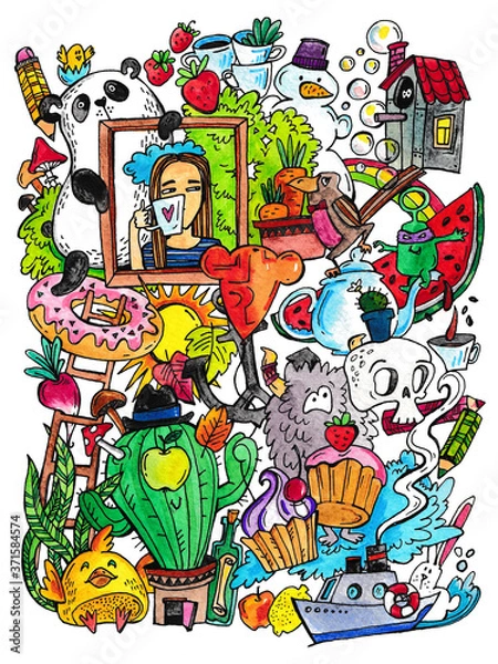 Fototapeta Doodle illustration, a lot of different objects, animals, plants, food
