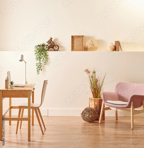 Fototapeta Decorative wooden table and chair furniture design, home object vase of plant and lamp.