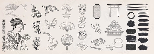 Obraz Japanese doodle set. Japanese traditional design elements. Hand drawn vactor illustration.